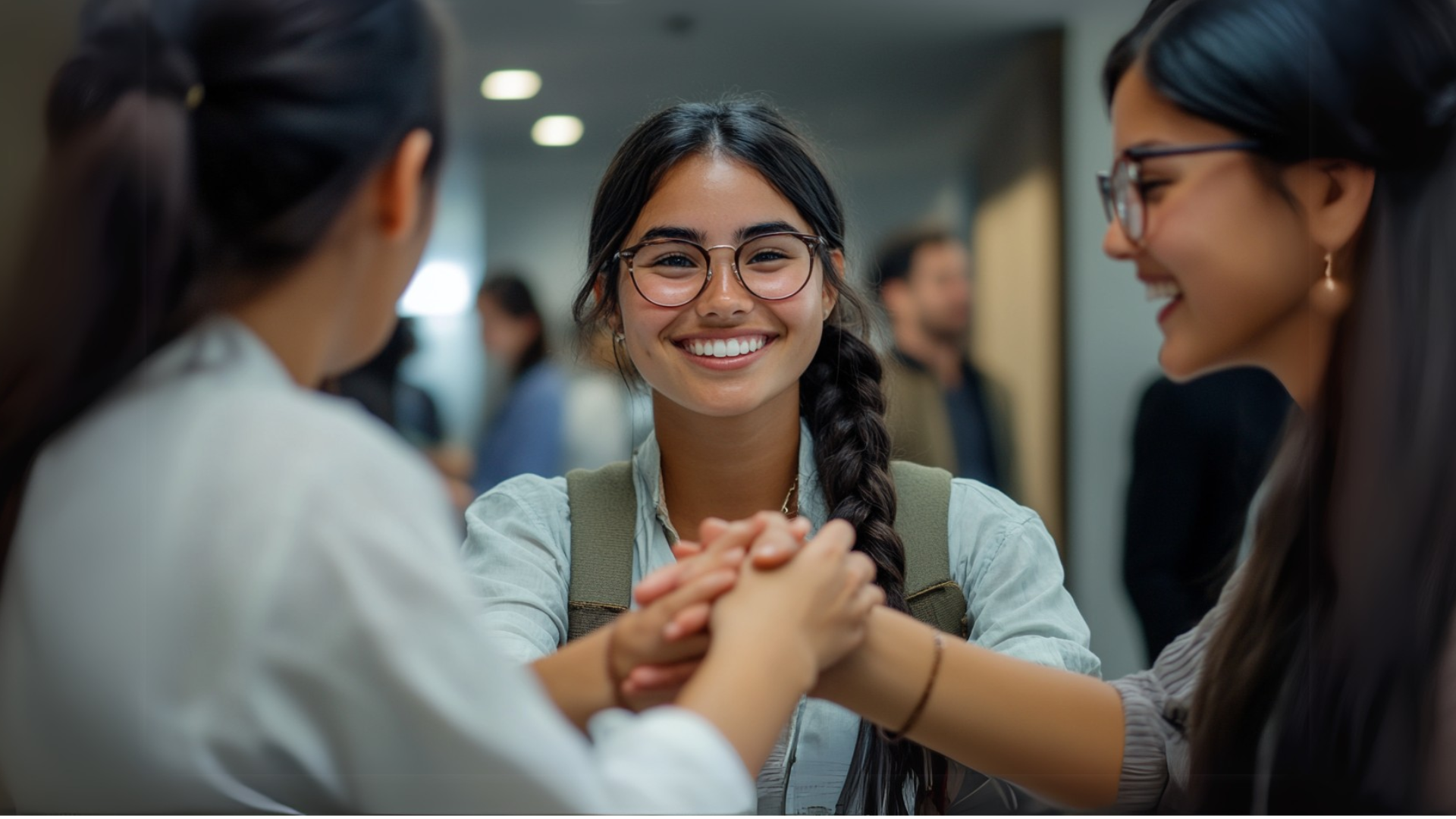 Students having a conversation over a handshake