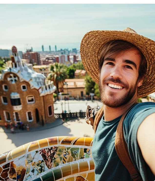 Student taking a selfie in a new city