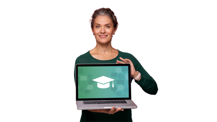 Teacher looking at the camera holding a laptop open at coLanguage