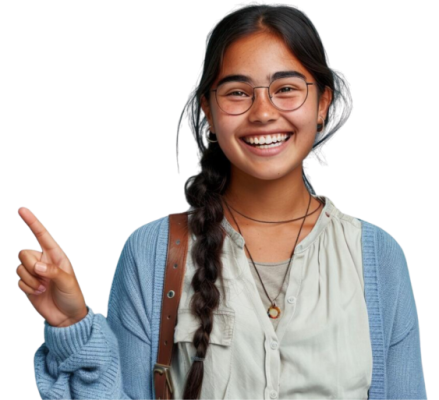 Student looking at the camera holding a laptop open at coLanguage, with decorative elements