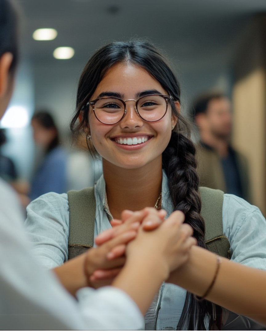 Student looking the camera while taking shaking hands with coworkers